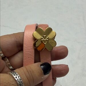 Tory Burch Pink Leather Wrap Bracelet with Gold Flower
